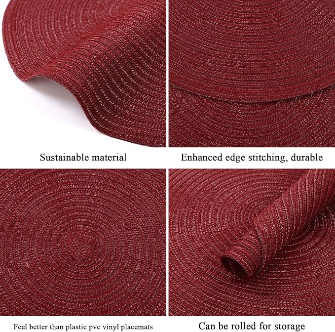 SHACOS Round Placemats Set of 12 for Dining Table 15 inch Round Braided Place Mats Cotton Polyester Washable Non Slip Kitchen Table Mats, Burgundy