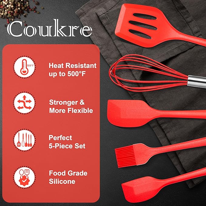 5 Pcs Silicone Spatula Set, Food Grade Rubber Spatula, silicone cooking utensils set, spatulas silicone heat resistant 600°F for Nonstick Cookware, Perfect for Baking and Cooking, Bonus Whisk Included