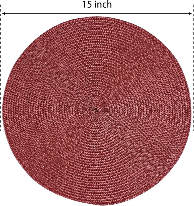 FunWheat Round Braided Placemats Set of 6 Table Mats for Dining Tables Woven Washable Non-Slip Place mats 15 inch(Burgundy, 6pcs)