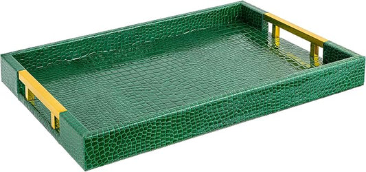 Luxury Modern Elegant 17.5"x12" Rectangle Crocodile Green Faux Leather Decorative Tray Ottoman Coffee Table Living Room Decor Kitchen Serving Tray with Gold Polished Metal Handles by Home Redefined
