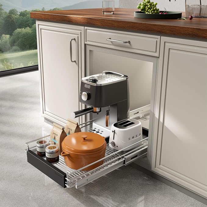 Expandable Pull Out Cabinet Organizer, Slide Out Drawers for Kitchen Cabinets, Heavy Duty Storage Drawers, Chrome Plated Cabinet Wire Shelf, Adjustable Width 12.5~20.2" W x 17.3" D×3..8“H