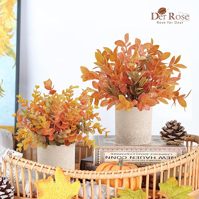 Der Rose 3 Pack Fake Plants Artificial Plastic Eucalyptus in Pot for Home Office Desk Bathroom Farmhouse Table Decor Indoor Warm Orange Accent