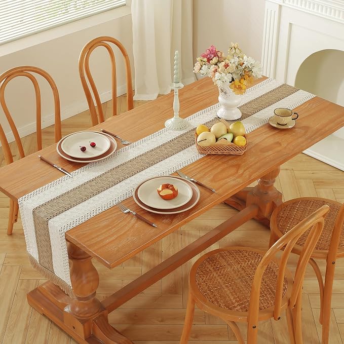 Niviy Boho Table Runner for Brown White Tassel Home Decor 90 Inches Long, Modern Farmhouse Decor Rustic Macrame Cotton Linen Woven Coffee Table Runners for Dining Table Decoration