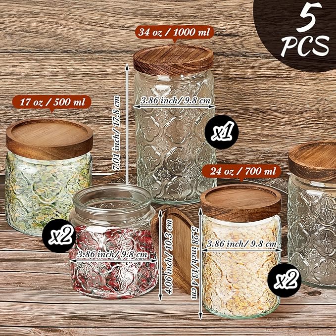 Gerrii 5 Pcs Vintage Glass Food Storage Containers 17/24/34 oz Glass Jar with Lid Airtight Candy Food Canisters for Kitchen Counter Pantry Coffee Beans(Clear,Begonia Round)