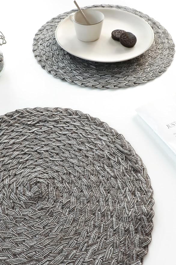 Floroom 15 Inch Round Braided Placemats Set of 4, Washable Heat Resistant Cotton Polyester Circle Boho Place Mats for Kitchen Dining Table - Mist Grey