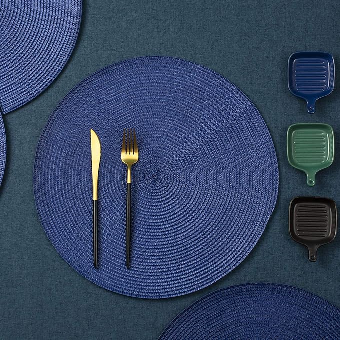 AHHFSMEI Round Placemats Set of 6 Heat Resistant Washable Non-Slip Woven Braided Table Mats for Dining Table Kitchen & Home Decor (Navy Blue)
