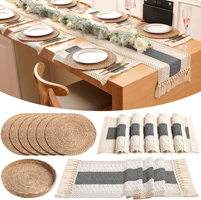 Boho Placemats 4/6/8 Set of Round Woven Placemat Macrame Style Bicolor Stitching Long Table Runner Farmhouse Rustic Natural Burlap Cotton for Kitchen Dining Table (6 Sets,Gray,12x72)