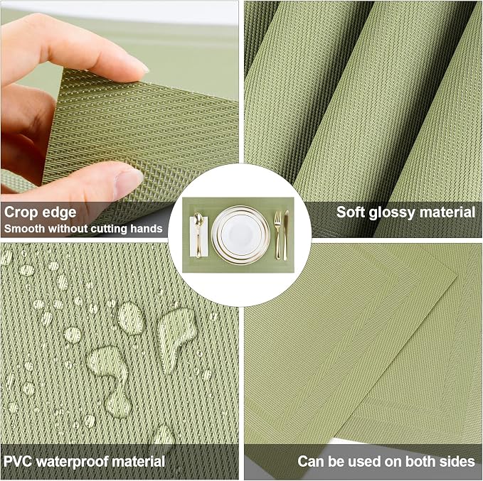 Placemats,Table Place Mats for Kitchen Dining, Heat-Resistant Anti-Skid Stain Washable PVC Table Mats, Easy to Cleaning Woven Vinyl Dinner Mats (Green, 6 Pack)