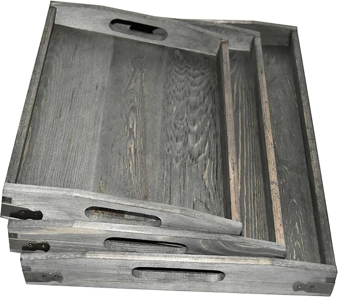 Owlgift Vintage Grey Wood Serving Trays with Brass Metal Wrap Accents, Set of 3