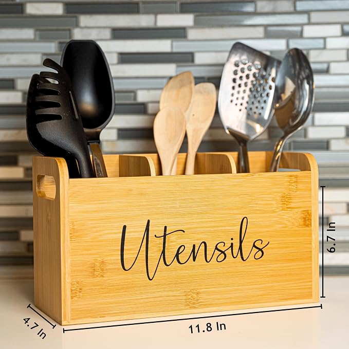 Bamboo Kitchen Utensil Holder for Countertop – Large 3-Compartment Cooking Utensil Organizer & Caddy with Drain Holes, Farmhouse Bamboo Holder for Kitchen Counter, Wood Storage for Spatulas & Spoons