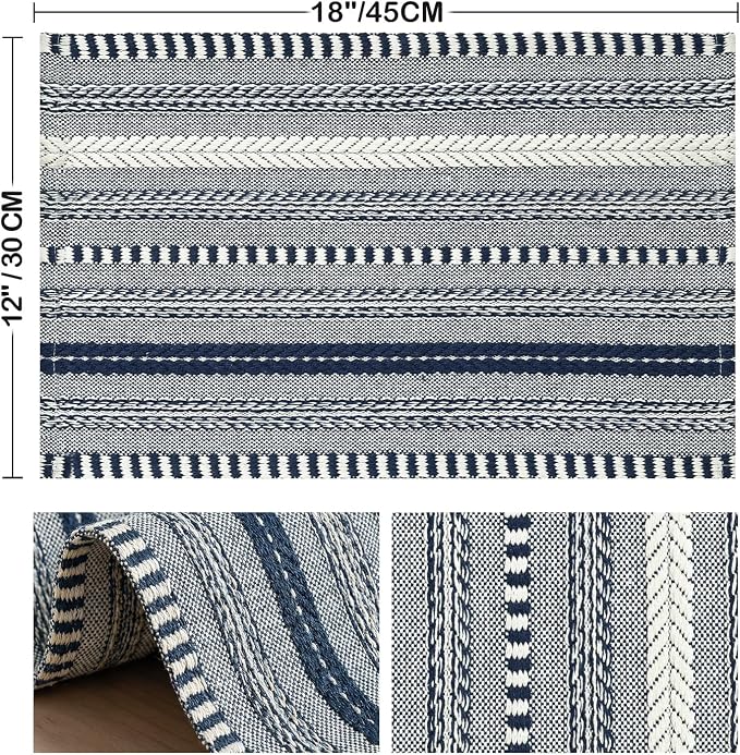 Artoid Mode Dark Blue Farmhouse Woven Braided Stripe Placemats Set of 4,12x18 Inch Seasonal Holiday Table Mats Party Kitchen Dining Decoration