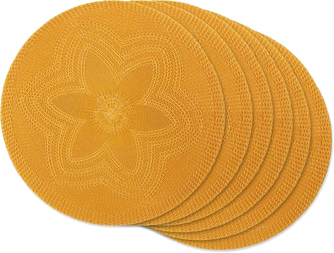 DII Woven Collection Round Braided Floral Placemat Set, 15", Honey Gold, 6 Piece