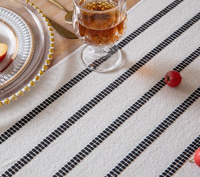 Caflife Boho Table Runner 108 Inchs Long Black and Beige, Cotton and Linen Woven with Tassels, for Modern Rustic Farmhouse Neutral Table Runners, Bohemian Kitchen Dining Table Home Decor