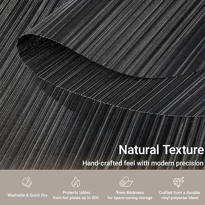 AHHFSMEI Round Placemats Set of 6 Woven Vinyl Non-Slip Heat Resistant Stain Resistant Easy Clean Place mats for Dining Table(Black)