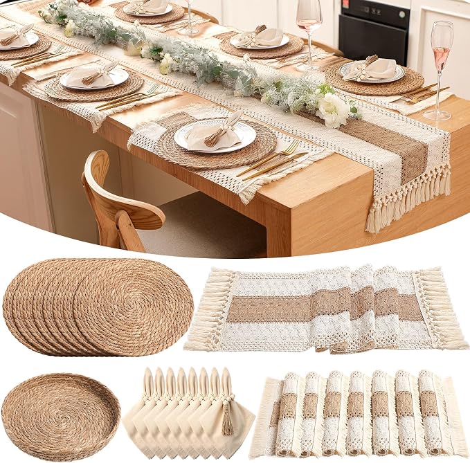 8 Sets Boho Decoration Placemats Round Woven Placemats, Cloth Napkins, Wood Bead Napkin Rings, Long Table Runner and Farmhouse Burlap Cotton for Table Kitchen (Khaki,12x108)