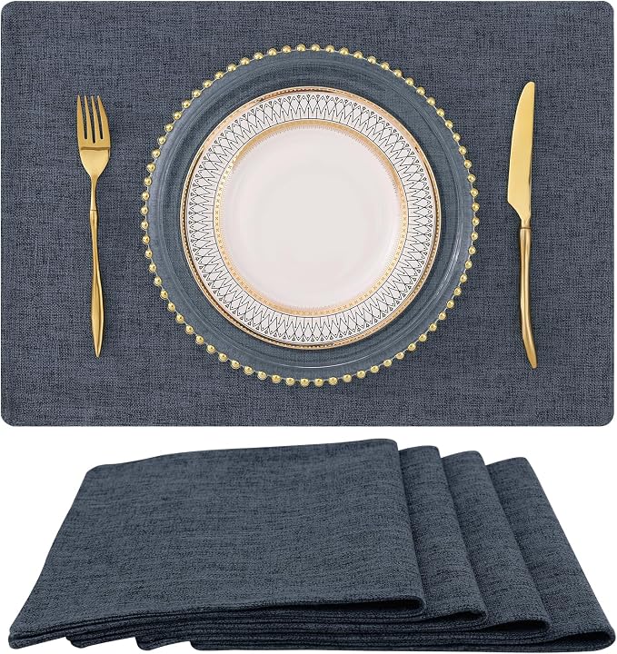 homing Faux Cotton Linen Placemats Set of 4, Cloth Washable Farmhouse Dining Table Mats for Indoors & Outdoors, Easy to Clean, Charcoal, 13 x 19 Inch