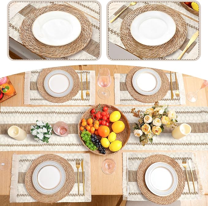 Boho Placemats 4/6/8 Set of Round Woven Placemat Macrame Style Bicolor Stitching Long Table Runner Farmhouse Rustic Natural Burlap Cotton for Kitchen Dining Table(6 Sets,Khaki A,12x72)
