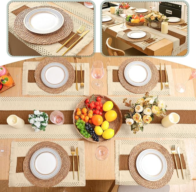 Boho Placemats 4/6/8 Set of Round Woven Placemat Macrame Style Bicolor Stitching Long Table Runner Farmhouse Rustic Natural Burlap Cotton for Kitchen Dining Table(4 Sets,Caramel Color,12x72)