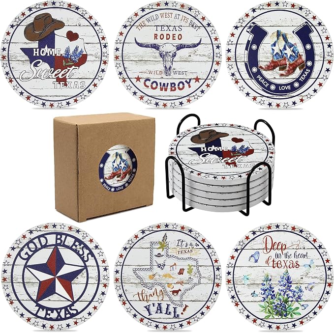 Texas Souvenirs Gifts for Men Women,Travel Souvenir Coaster Set of 6,Drink Absorbent Coasters with Holder, Coffee Table Decor Ceramic Stone Coaster for New Home, Apartment Kitchen Bar