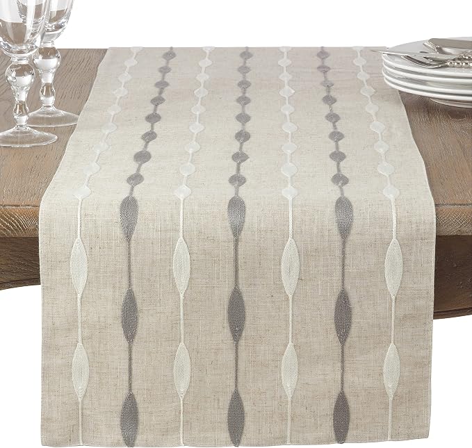 Saro Lifestyle Modern Embroidered Design Table Runner, Natural, 16" x 120"
