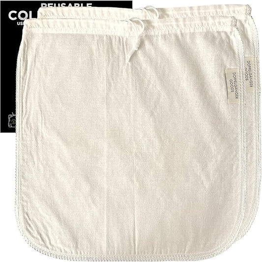 (2-Pack, Large 12in x 12in) Organic Cotton Cold Brew Coffee Bag - Designed in California - Reusable Coffee Filter with EasyOpen Drawstring Cold Brew Maker for Pitchers, Mason Jars, & Toddy Systems