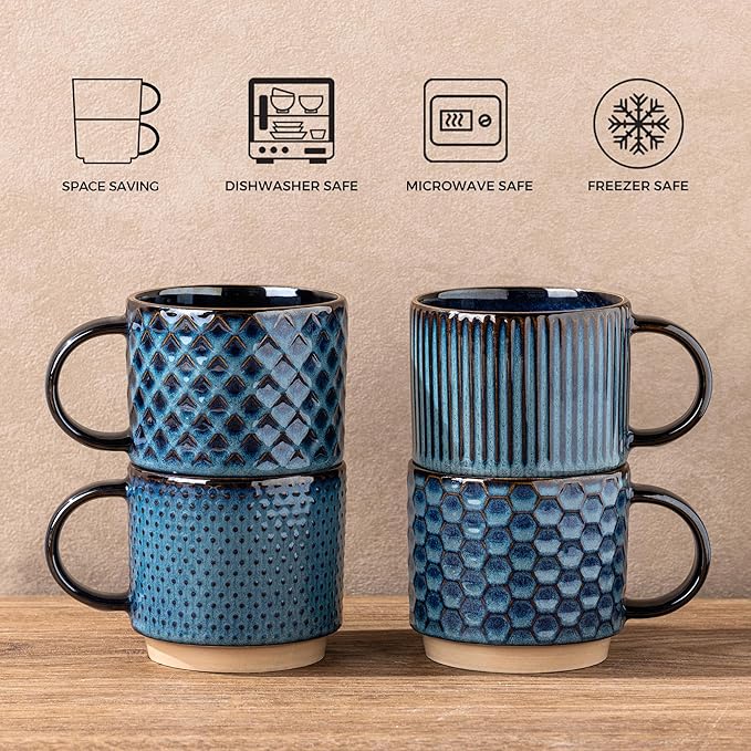 GBhome 12 OZ Stackable Coffee Mugs, Ceramic Coffee Mugs with Texture Patterns for Man,Woman,Dad,Mom, Modern Coffee Mugs Set of 4 for Latte/Cappuccino/Cocoa. Dishwasher&Microwave Safe