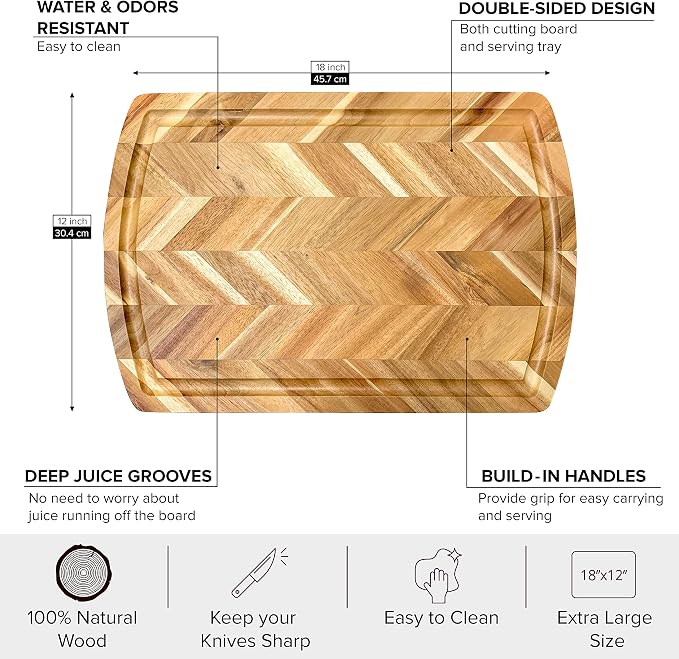 Acacia Rect. Herringbone design Chopping board, side grooves, deep well, 18X12X1”