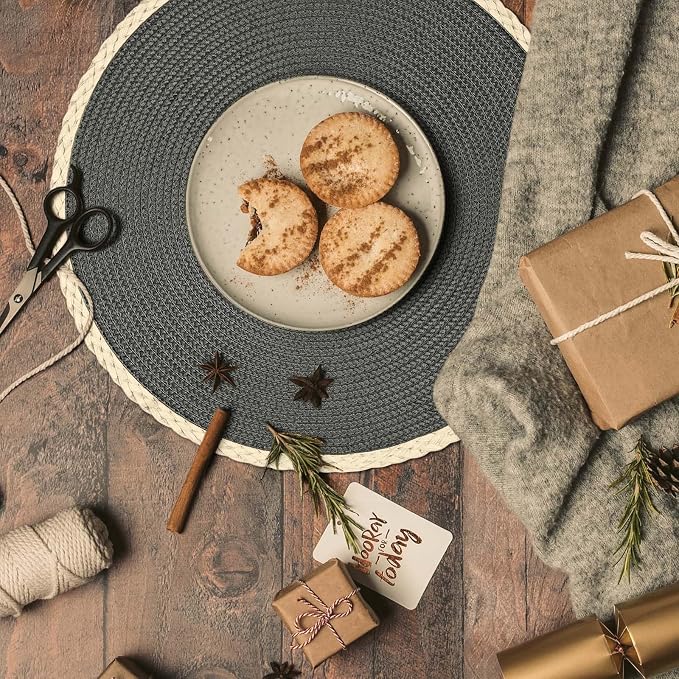 Noctiflorous Braided Round Placemats Set of 6, 15 Inch Woven Table Mats, Non-Slip Washable Thin Edge Place Mats for Kitchen Dining Table Decor (Dark Gray, 6)