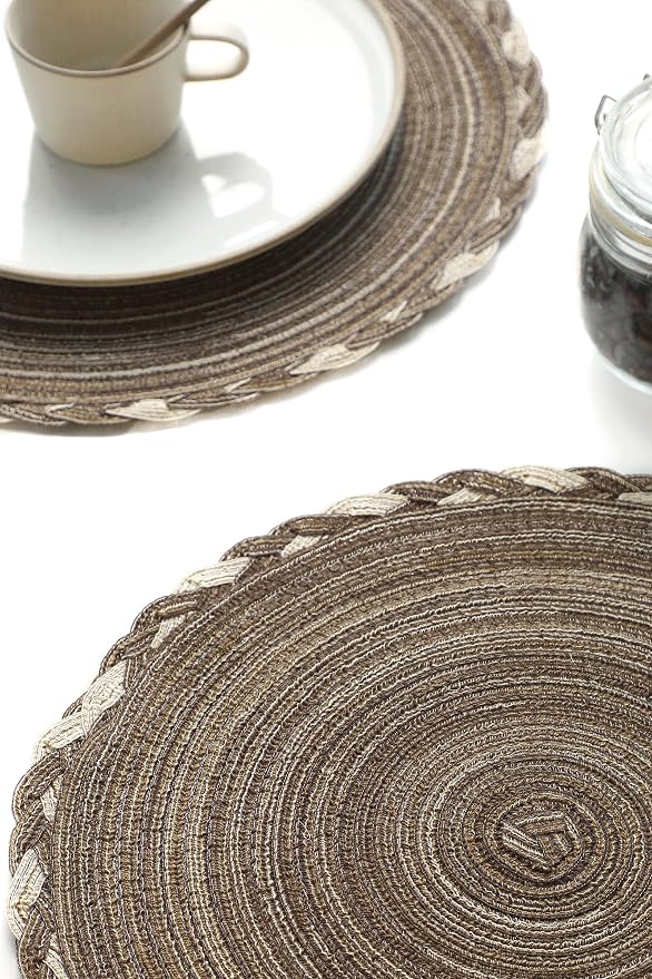 Floroom 15 Inch Round Braided Placemats Set of 4, Washable Heat Resistant Cotton Polyester Circle Place Mats for Kitchen Dining Table - Multicolor Earth Taupe