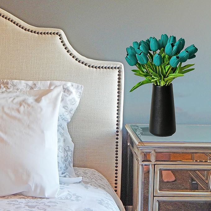 Mandy's Teal Artificial Tulips Flowers Centerpiece, 13.5" Lifelike PU Fake Floral Stems 20pcs for Kitchen Island & Dining Table, Spring Decor for Easter