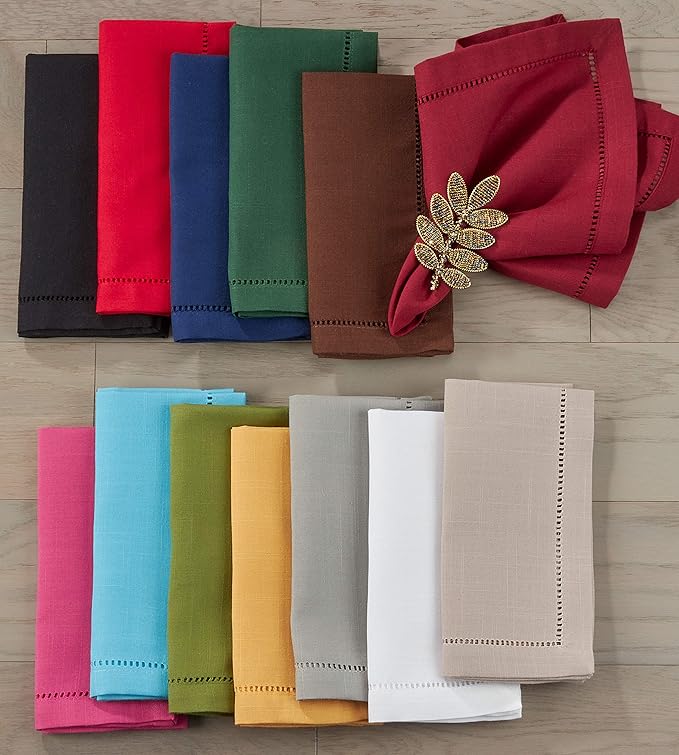 SARO LIFESTYLE Hemstitched Border Dinner Napkin (Set of 12), White, 18" x18