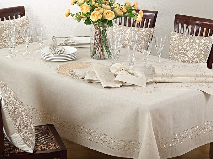 SARO LIFESTYLE Swirling Collection Embroidered Design Linen Blend Table Runner, 16" x 108", Natural