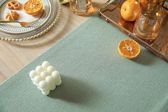 ZeeMart Burlap Style Farmhouse Table Runners 108 Inches Long, Sage Green Rustic Woven Dining Table Runner for Everyday Use, 14x108 Inches, Seafoam