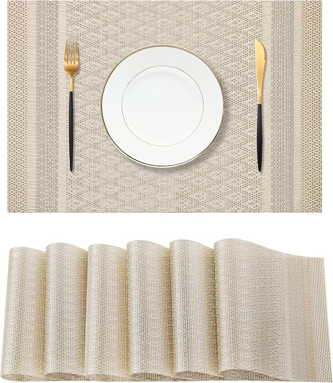 Leetaltree Stardust Yellow Placemats Set of 6 - Heat Resistant Non-Slip Place mats for Dining Table, Washable Durable PVC Vinyl Woven Table Mats（Stardust Yellow, 6）