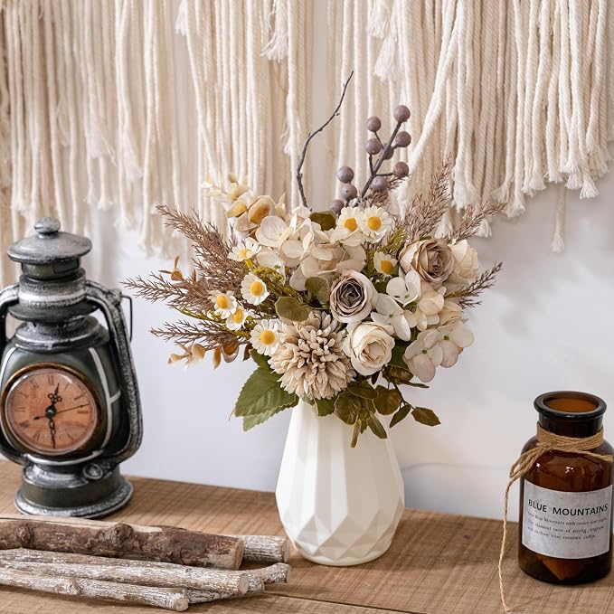 Small Fake Silk Flowers Bouquet with Vase, Faux Centerpieces with Roses, Dandelions, Hydrangea, Daisies, Eucalyptus, Hollyberries - Artificial Floral Arrangements for Home Kitchen Decor