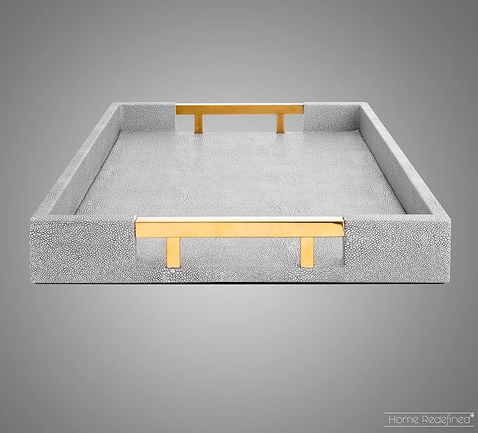 Home Redefined Modern Elegant 17.5"x12" Rectangle Glossy Grey Shagreen Faux Leather Decorative Tray Ottoman Coffee Table Perfume Kitchen Display Perfume Serving Tray with Gold Polished Metal Handles.