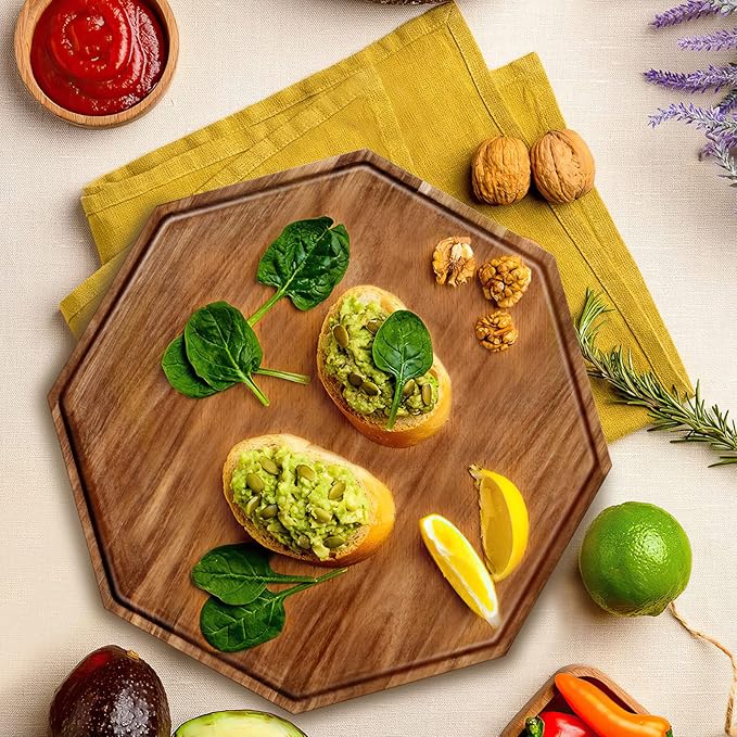 Set of 3 Acacia Wood Serving Trays, Octagonal Wooden Platters for Vegetable,Fruit, Charcuterie Boards,Cheese and Coffee Tea Platters Wedding Table Supplies Spring Serving Trays(8 in & 10 in &12 in)