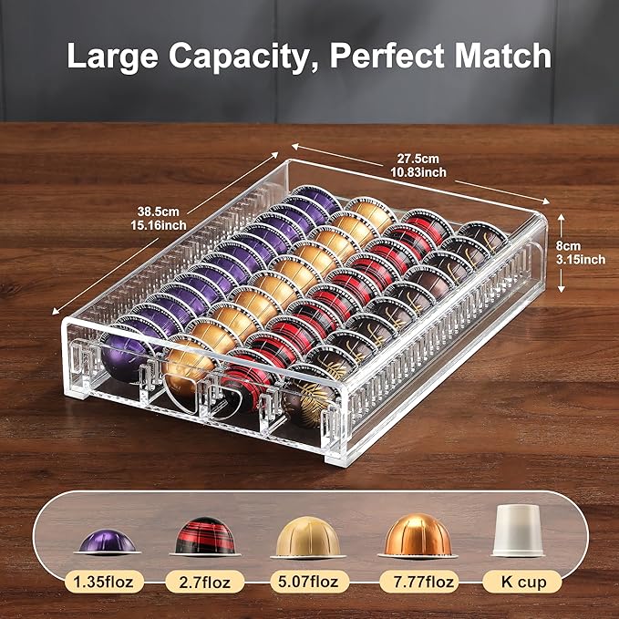 BLACKSMITH FAMILY Coffee Pod Drawer Organizer for Nespresso Vertuo Pods,Acrylic Coffee Pod Holder Holds 40 Large or 60 Small Capsules,Pull-Out Drawer with Anti-Slip Base for Countertop（Crystal-Clear)