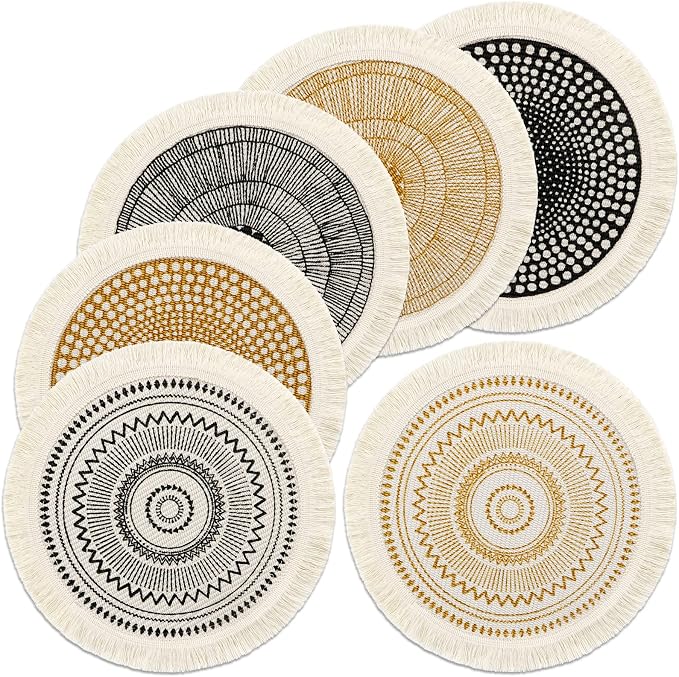 LOMOHOO Set of 6 Round Placemats 13 Inch Fall Table Mats Boho Cotton Woven Mandala Tassels Heat Proof Washable Circle Place Mat for Kitchen Dining Wedding Farmhouse Home Decoration