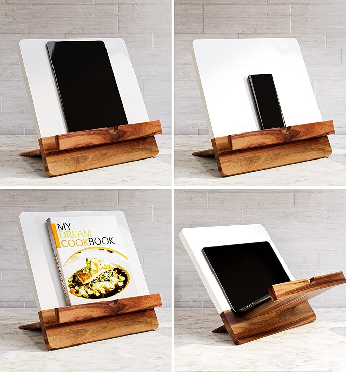 Acacia Cookbook Stand for Kitchen Counter - 12" x 12" Large Adjustable Non-Slip Acacia Wood Book Stand for Cookbooks - Collapsible for Easy Storage - Extra Large Recipe Book Holder for Kitchen Counter