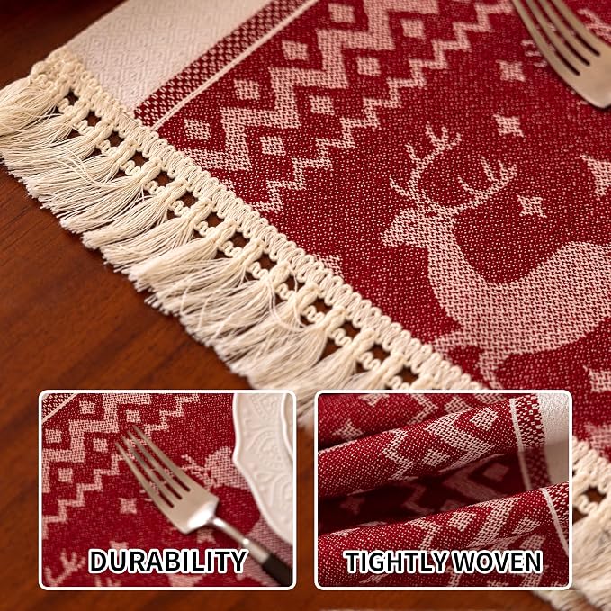 Placemats Set of 4,Elk Placemat with Tassel Fringe,Christmas Placemats for Coffee Table Western Restaurant