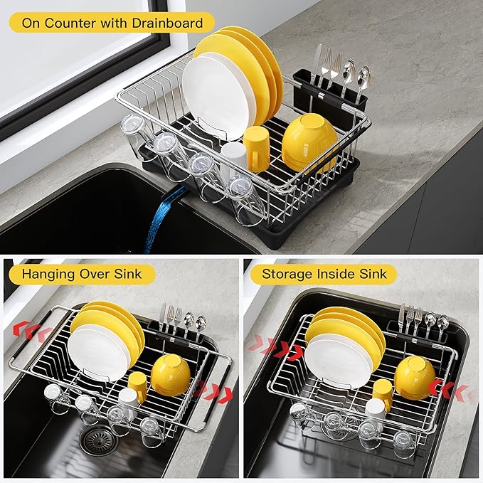JASIWAY Dish Drying Rack in Sink, Expandable Stainless Steel Dish Drainers with Drainboard for Kitchen Counter, Space Saving Dish Dryer Rack, Over The Sink Dish Racks with Utensil Holder, Sliver