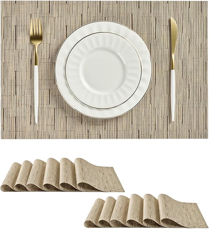 Leetaltree Light Brown Placemats Set of 24 - Heat Resistant Non-Slip Place mats for Dining Table, Washable Durable PVC Vinyl Woven Table Mats(Light Brown, 24)