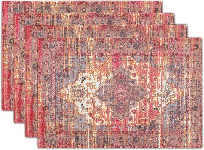 Rust Red Ethnic Boho Placemats Set of 4 Bohemian Carpet Vintage Linen Washable Kitchen Dining Southwestern Table Mats Stain Heat-Resistant Desktop Decor Place Mats for Home Party Indoor 12x18 in