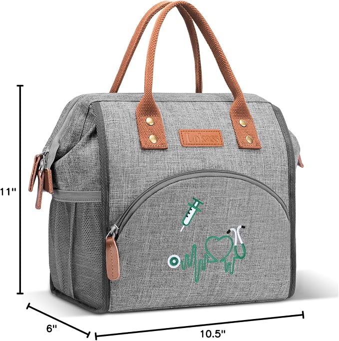 LOKASS Nurse Lunch Bag for Women, Embroidered Lunch Box with Special Nursing Design, Insulated Lunch Tote Ideal for Nurse Gifts, Neutral Grey