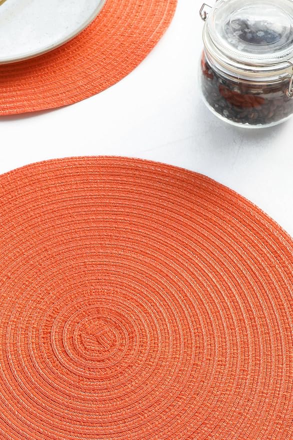 Floroom 15 Inch Round Braided Placemats Set of 4, Washable Heat Resistant Cotton Polyester Circle Place Mats for Kitchen Dining Table - Coral Orange