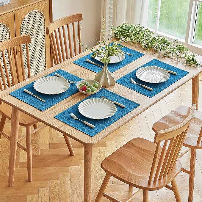 Softalker Faux Linen Placemats Set of 6-12 x 18 Inch, Heat Resistant Double Layered Durable Burlap Farmhouse Place Mats, Non-Slip Washable Rustic Table Mats for Dining, Kitchen, Party（Sky Blue