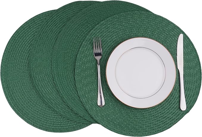 Round Braided Placemats Set of 4 Washable Easy to Clean Place Mats for Dining Tables Woven Non-Slip Heat Resistant Table Mats 15 Inch (Dark Green)