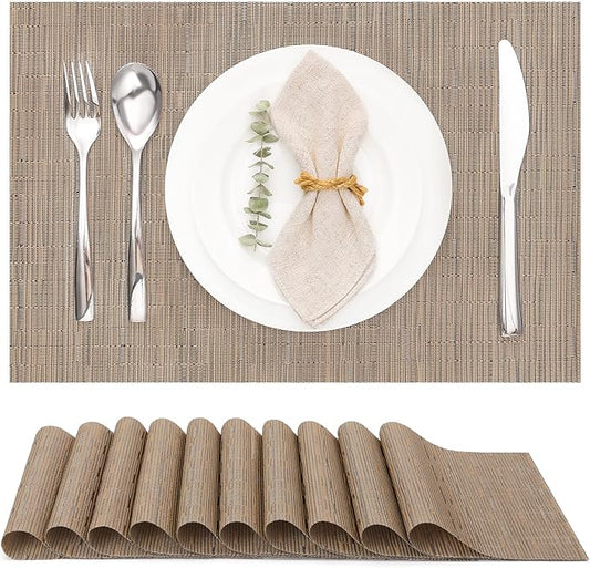 Myir JUN Placemats Set of 10, Vinyl Woven Placemats Place Mats Indoor Set of 10 Washable Table Mats Non-Slip Place mats for Dining Table (Light Brown)