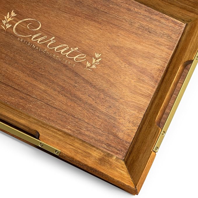 Curate Small Acacia Wood Serving Tray with Handles for Coffee Table, Breakfast & Dinner, Rustic Decorative Wooden Serving Tray for Kitchen, Dining & Charcuterie Boards, (15" x 10.8" x 2")